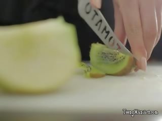 Asian enchantress Serves Him Fruit And Pussy On The Bed