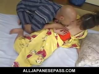 Turned on adult Japanese Cougar In A Kimono Rides A Hard prick