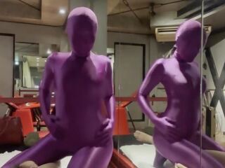 Teenager in Purple Zentai gives him Handhob to cum dirty film shows